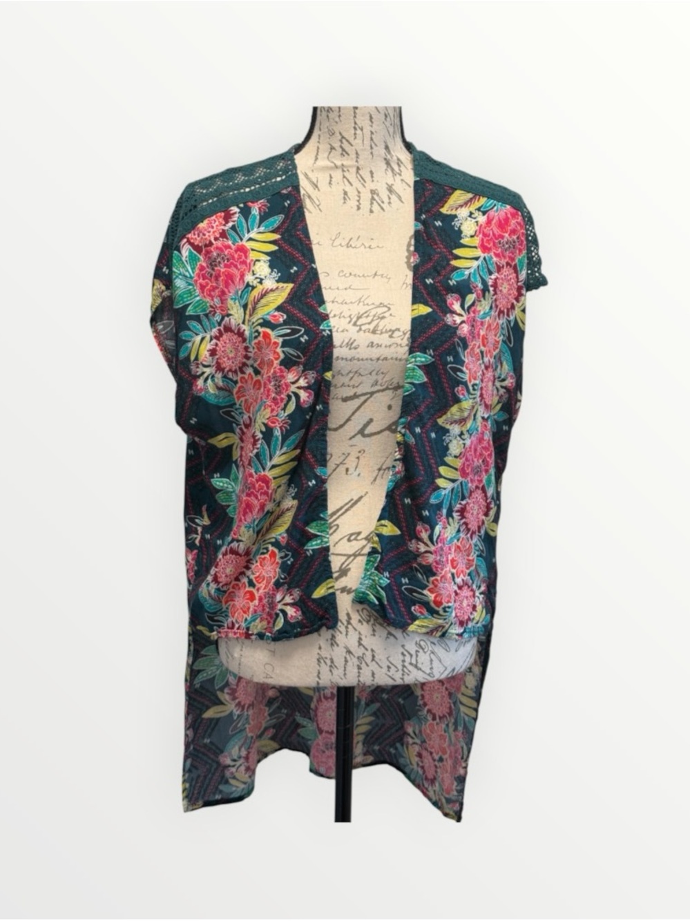 Art class floral open-front kimono vibrant floral panels Teal base